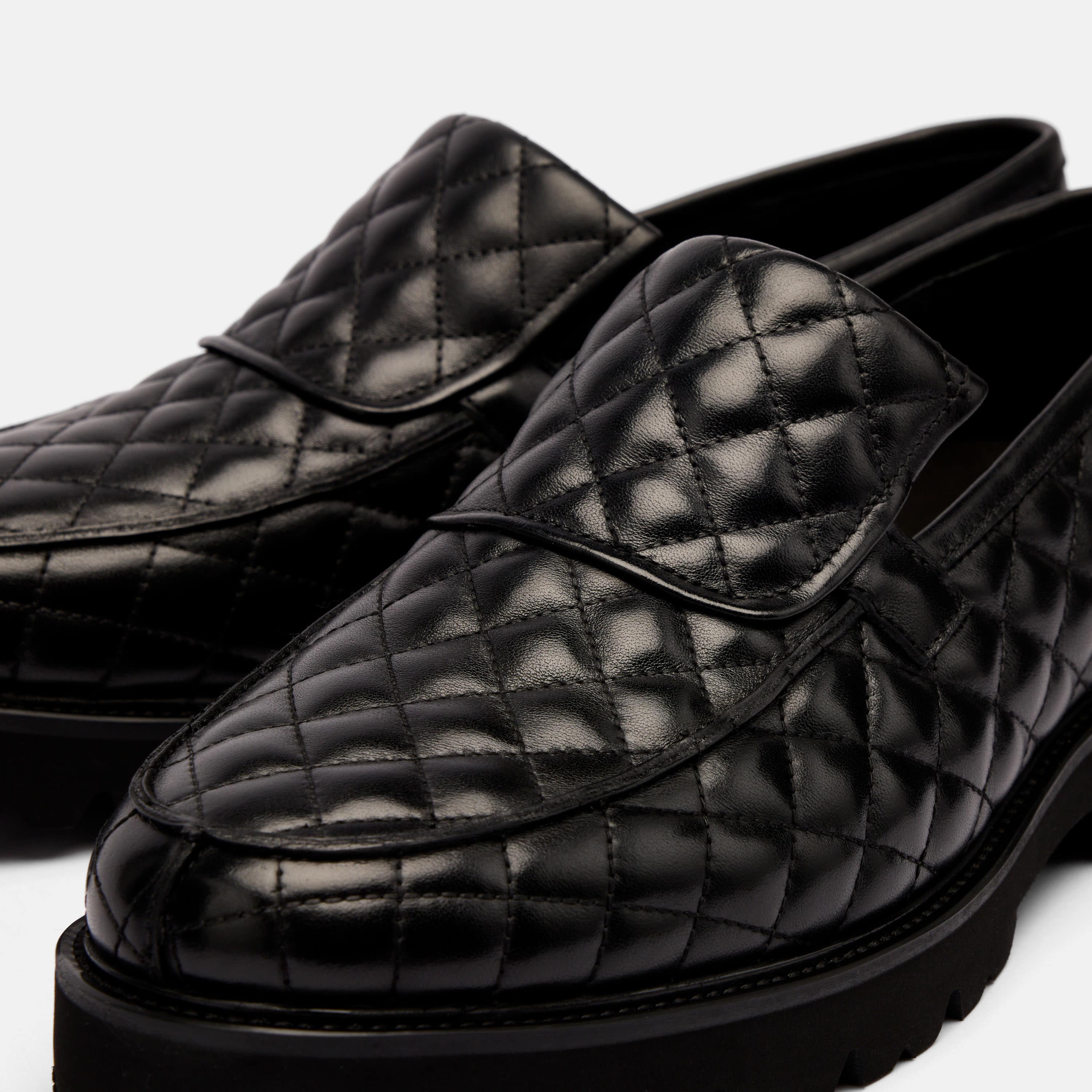The Pitch Black Quilted Leather Lug Penny Loafers - Image 3