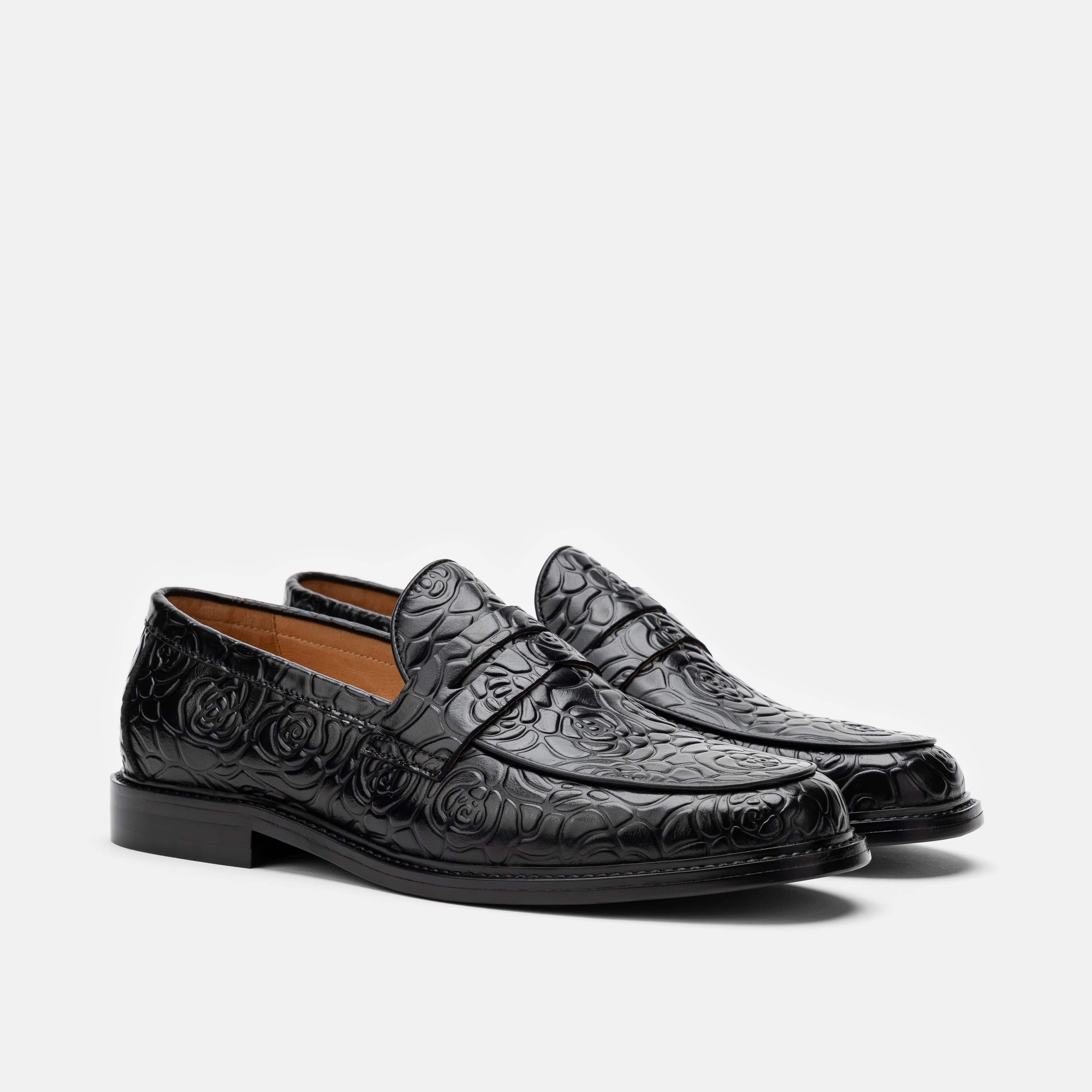 Calum Black Floral Leather Penny Loafers - Image 2