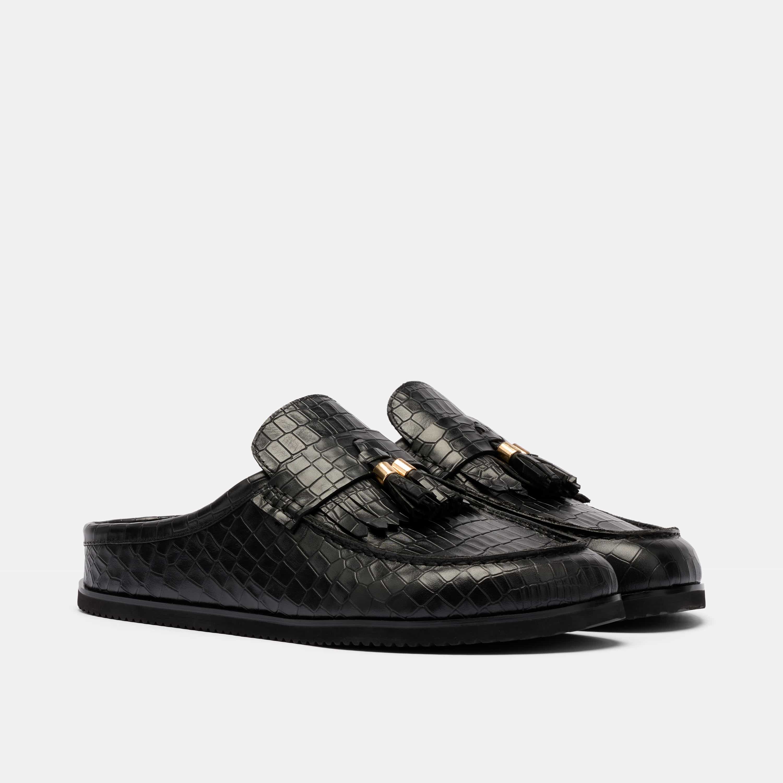 Hampton Black Crocskin Leather Tassel Mules - Image 2