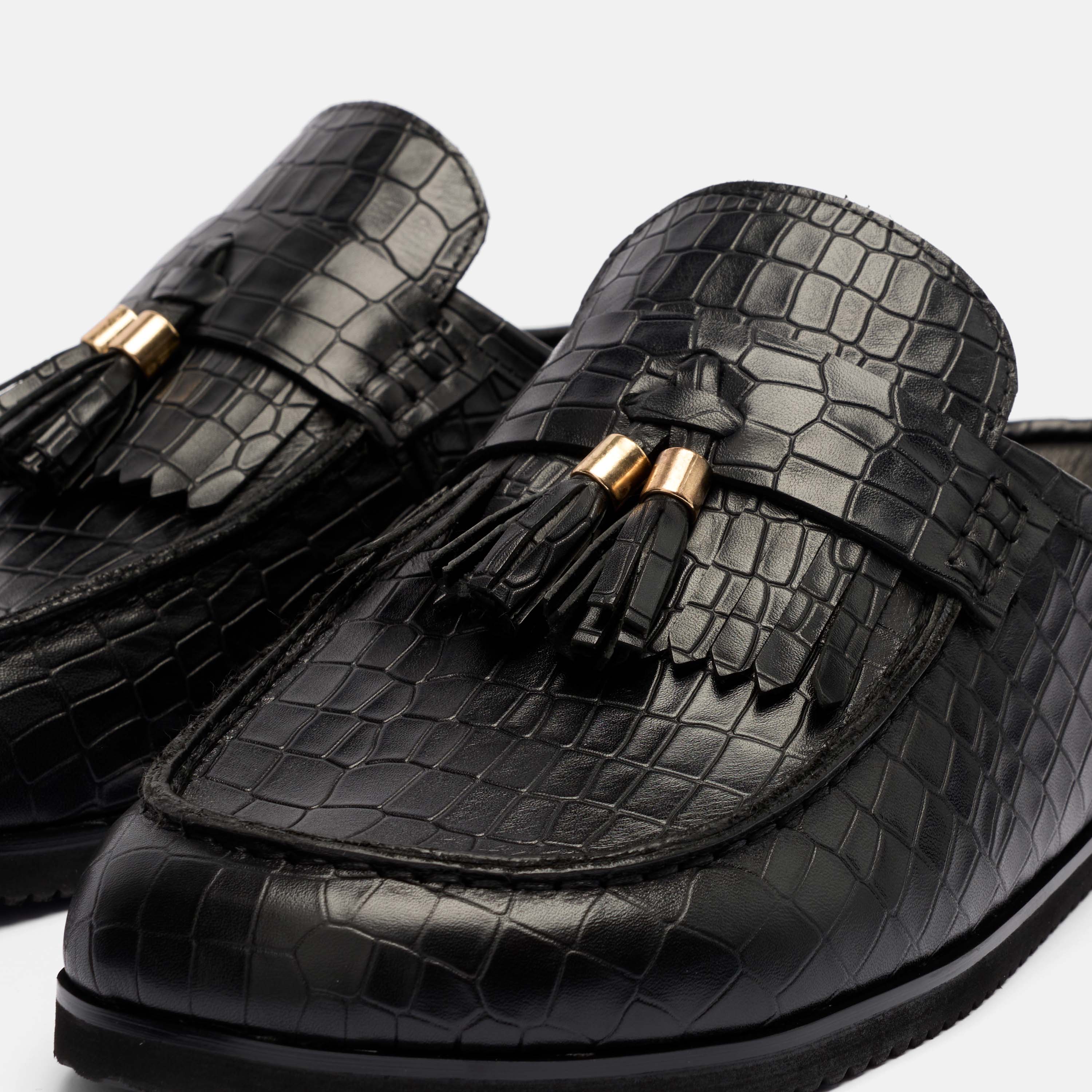 Hampton Black Crocskin Leather Tassel Mules - Image 3