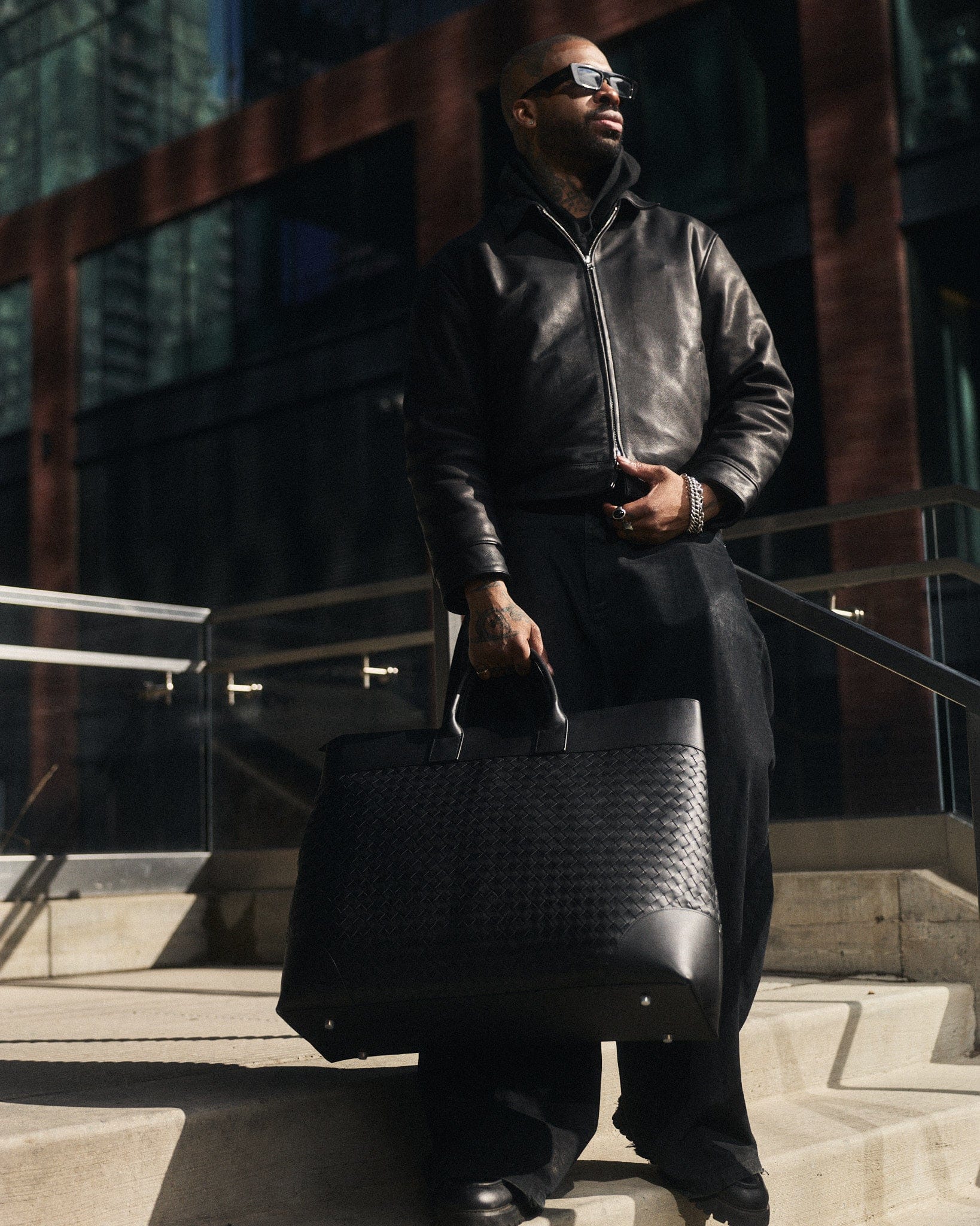 Marc Nolan Large Woven Leather Weekender - Black - Image 2