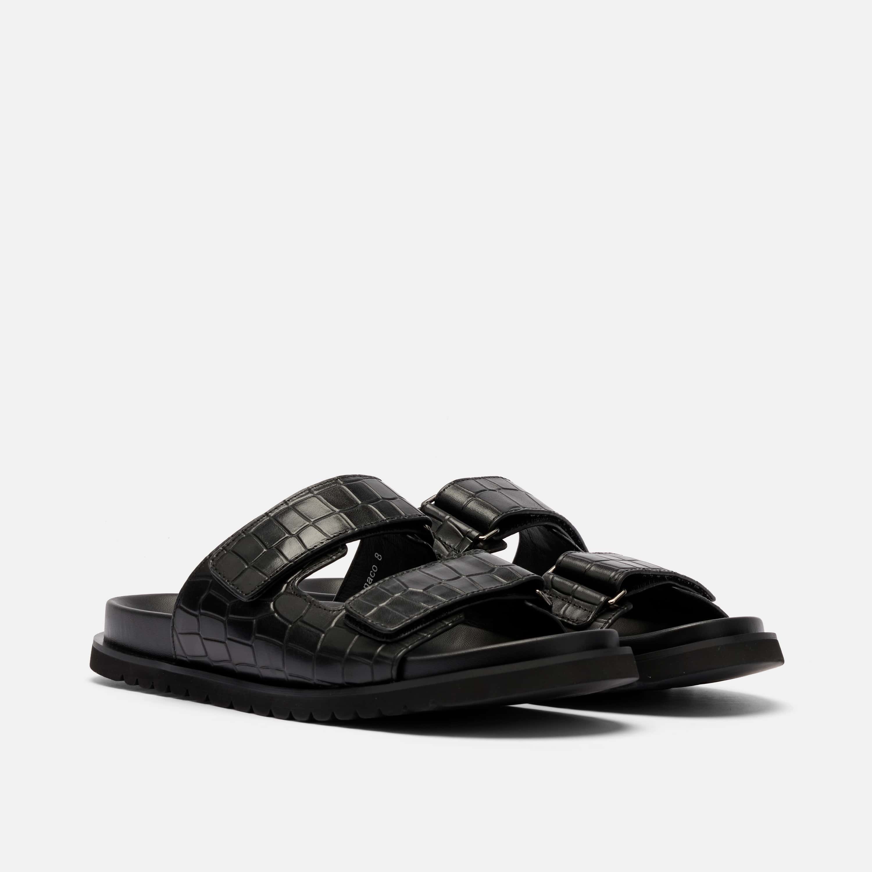 Monaco Black Crocskin Leather Strap Sandals - Image 2