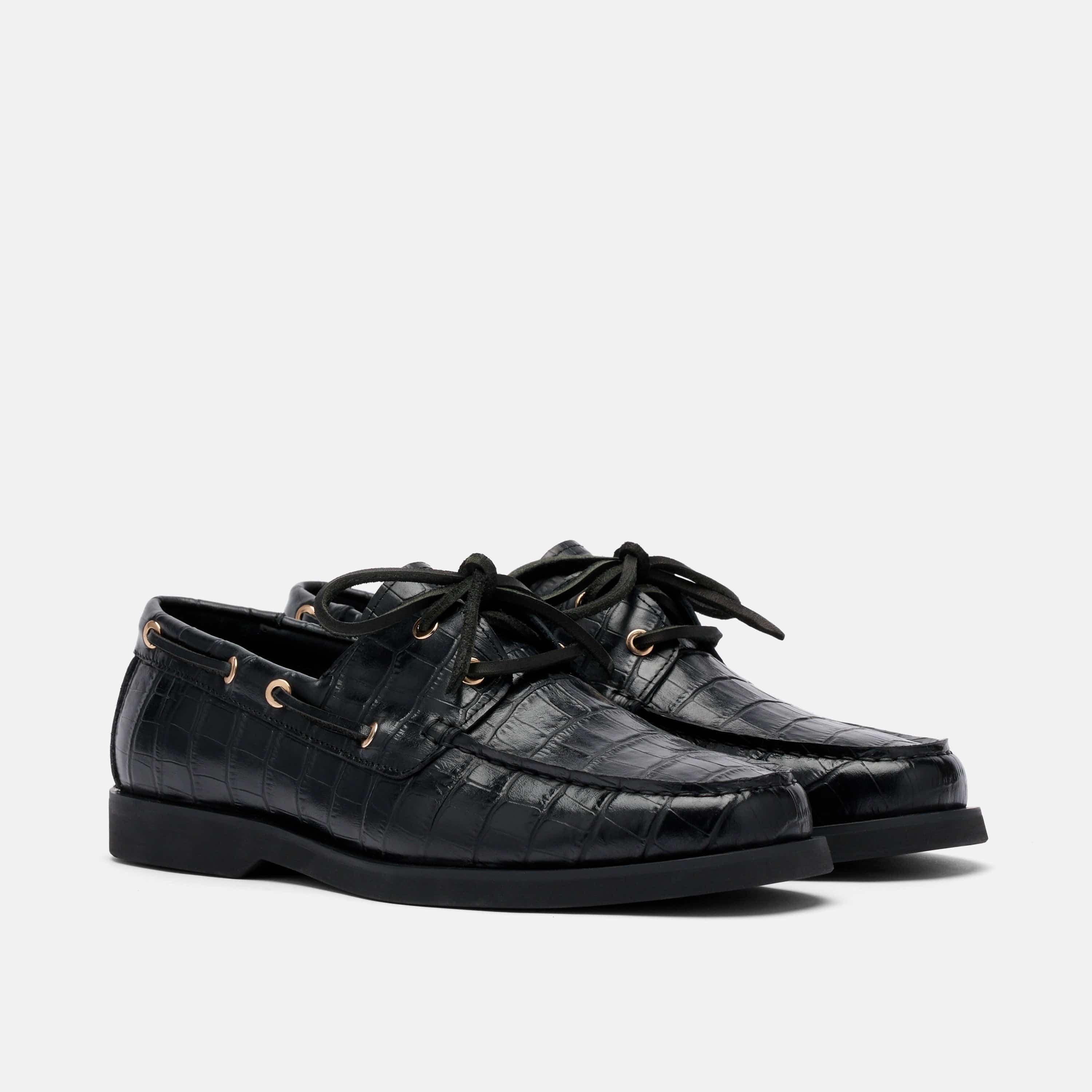 Ms. Capri Black Croc Leather Boat Shoes - Image 2