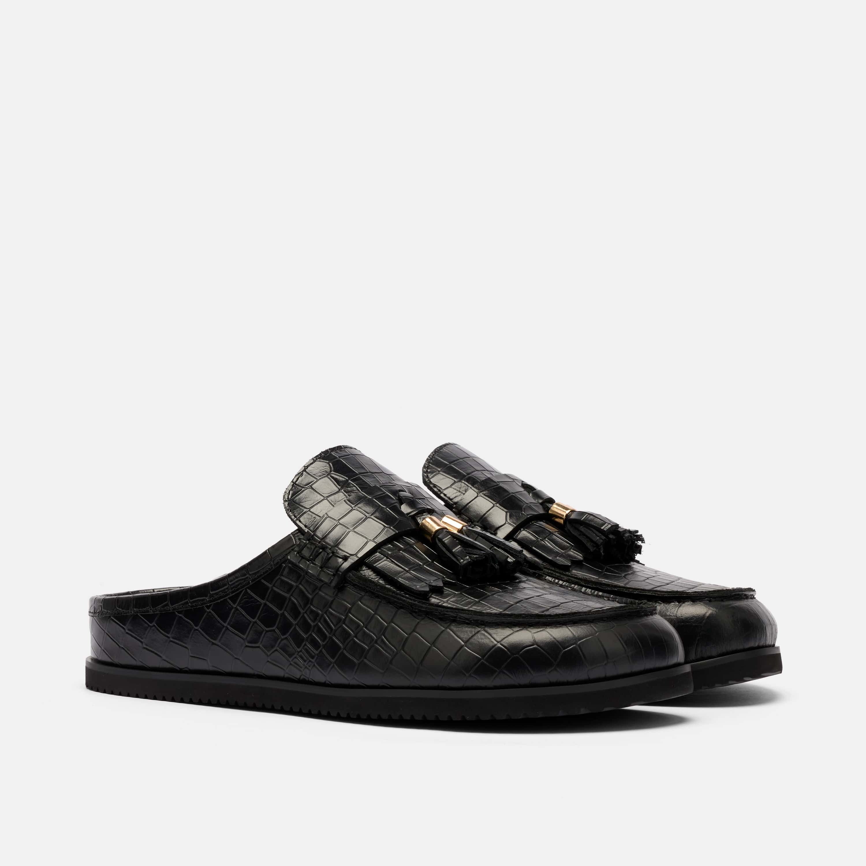 Ms. Hampton Black Crocskin Leather Tassel Mules - Image 2