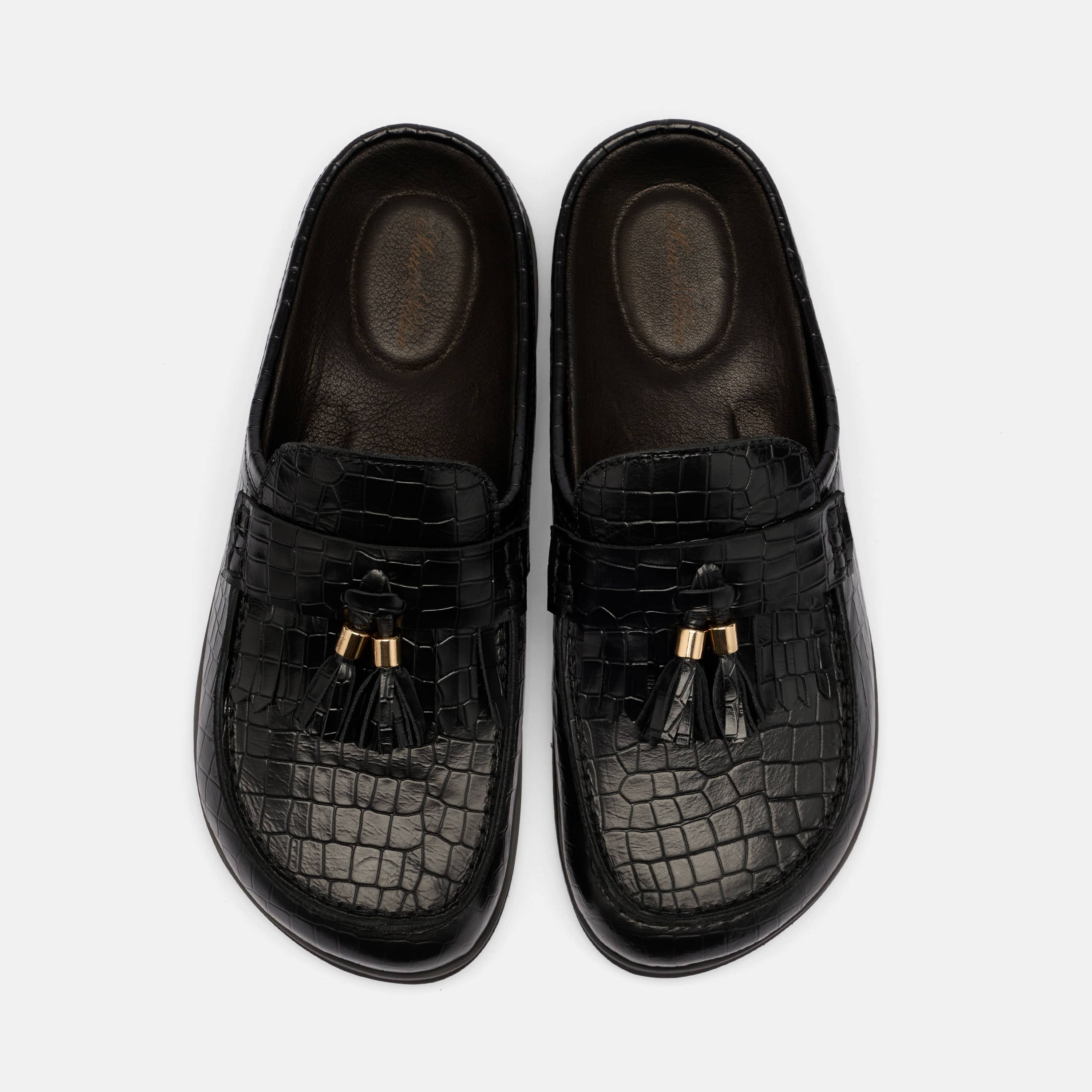 Ms. Hampton Black Crocskin Leather Tassel Mules - Image 5