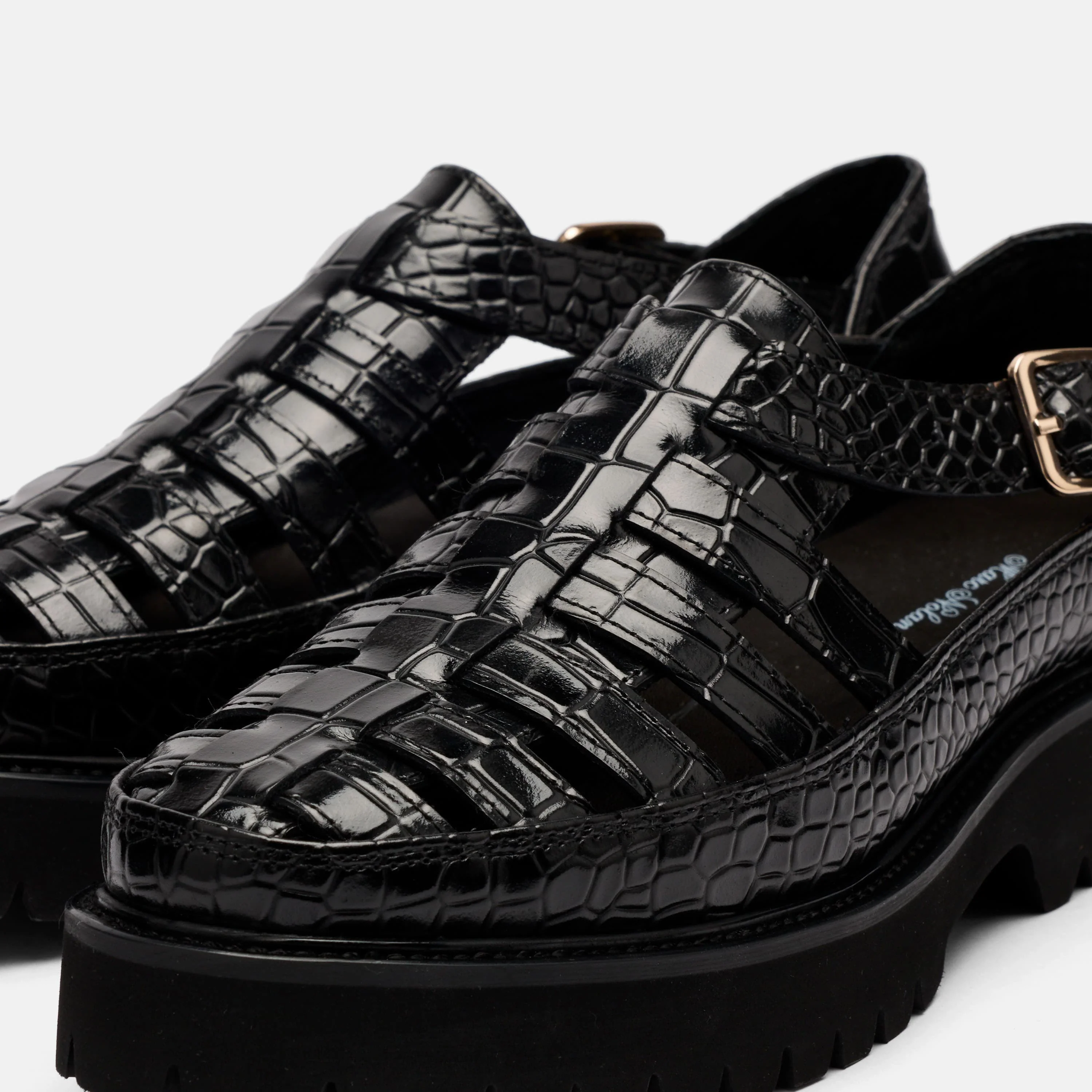 Ms. Magellan Black Crocskin Leather Lug Fisherman Sandals - Image 3