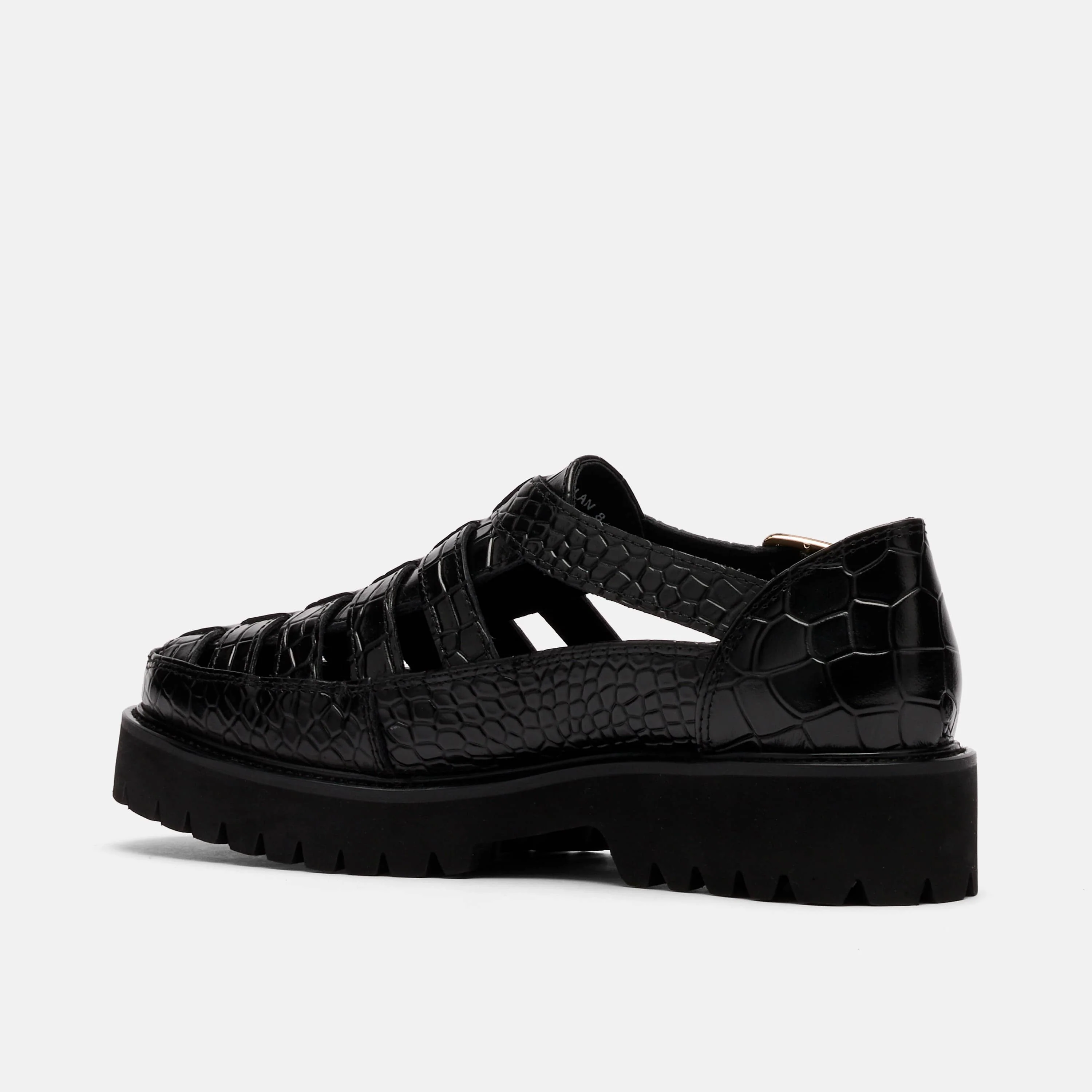 Ms. Magellan Black Crocskin Leather Lug Fisherman Sandals - Image 4