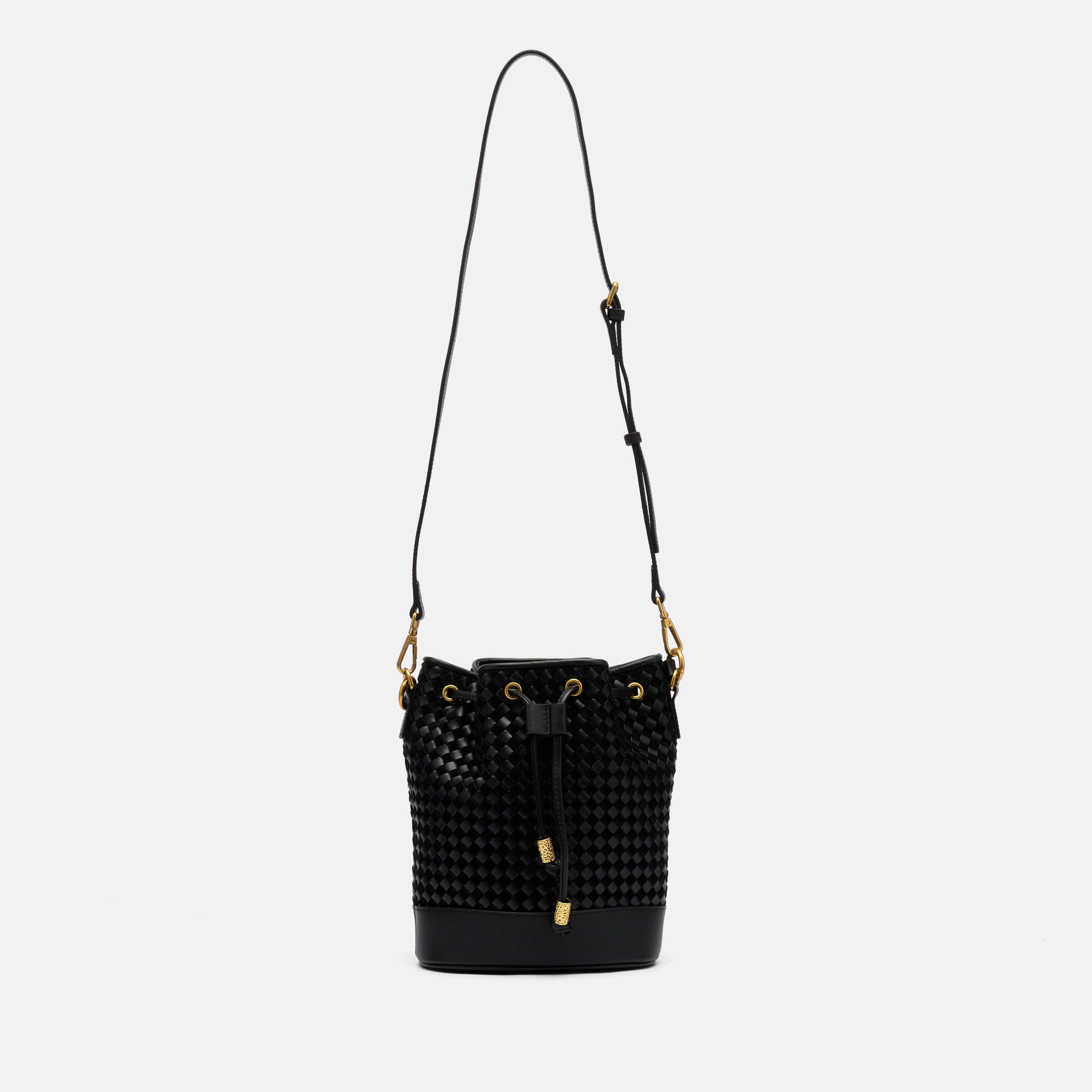 Nora Black Woven Leather Bucket Bag - Image 2