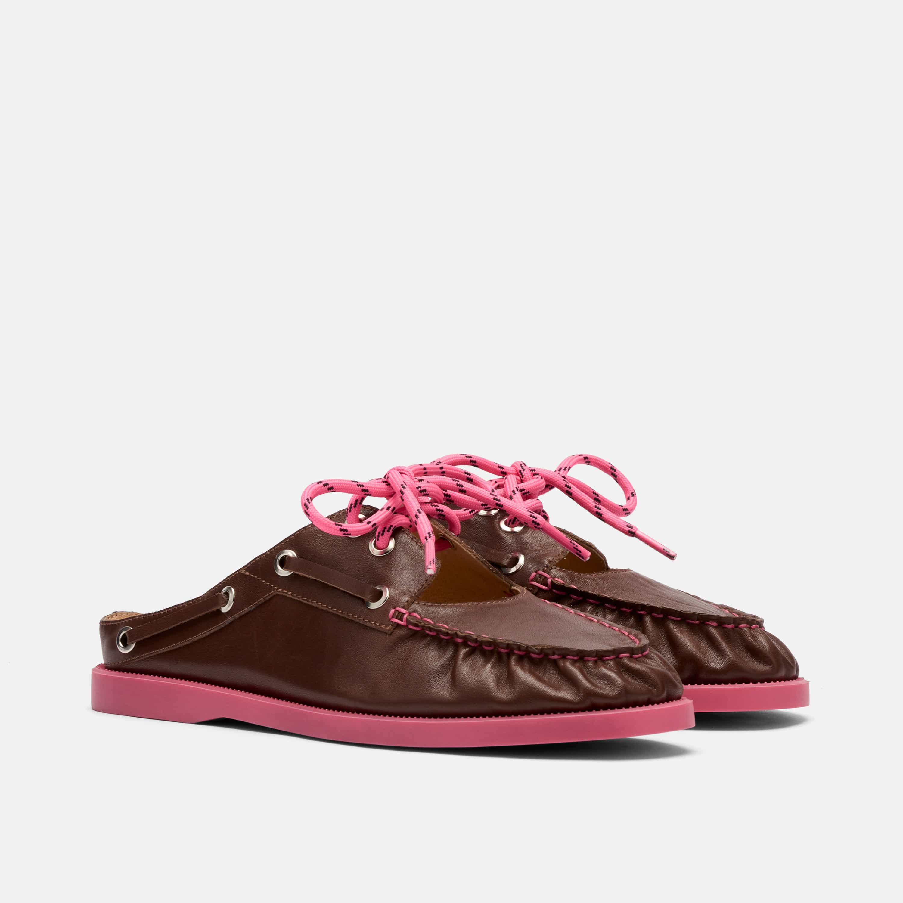 Selene Brown/Pink Pleated Leather Boat Shoe Mules - Image 2