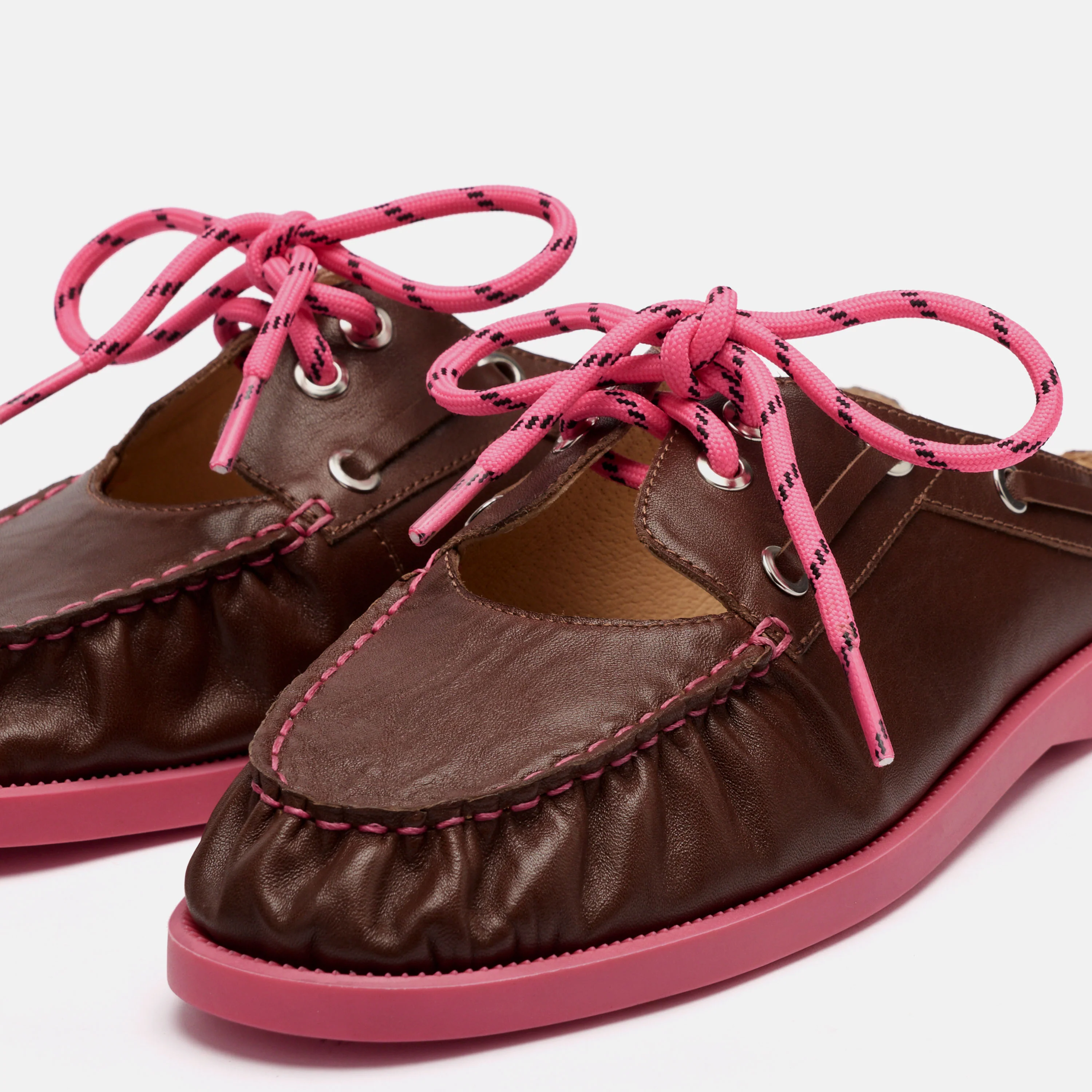 Selene Brown/Pink Pleated Leather Boat Shoe Mules - Image 3
