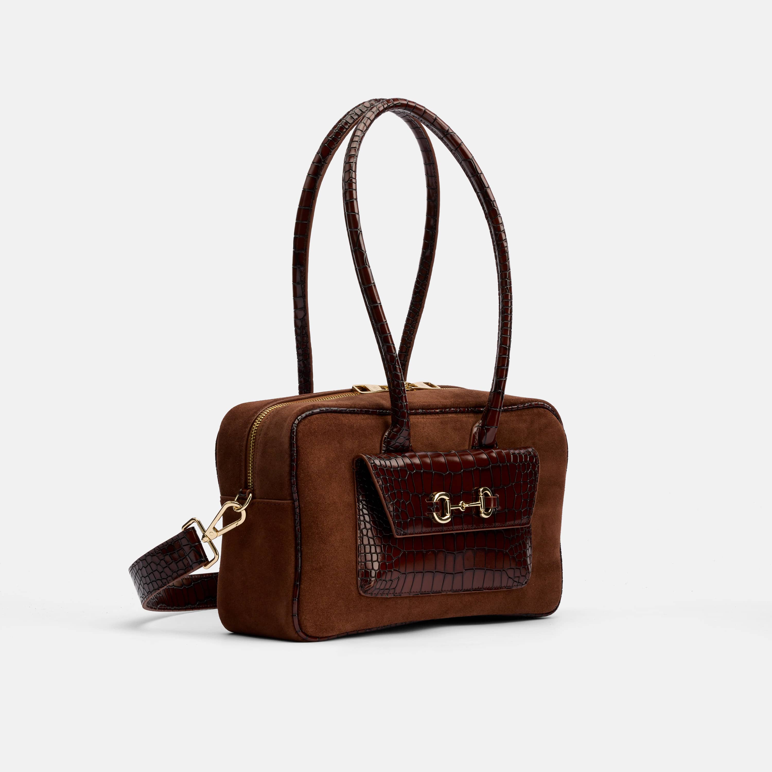 Serena Horsebit Shoulder Bag - Brown Suede & Croc Leather - Image 2