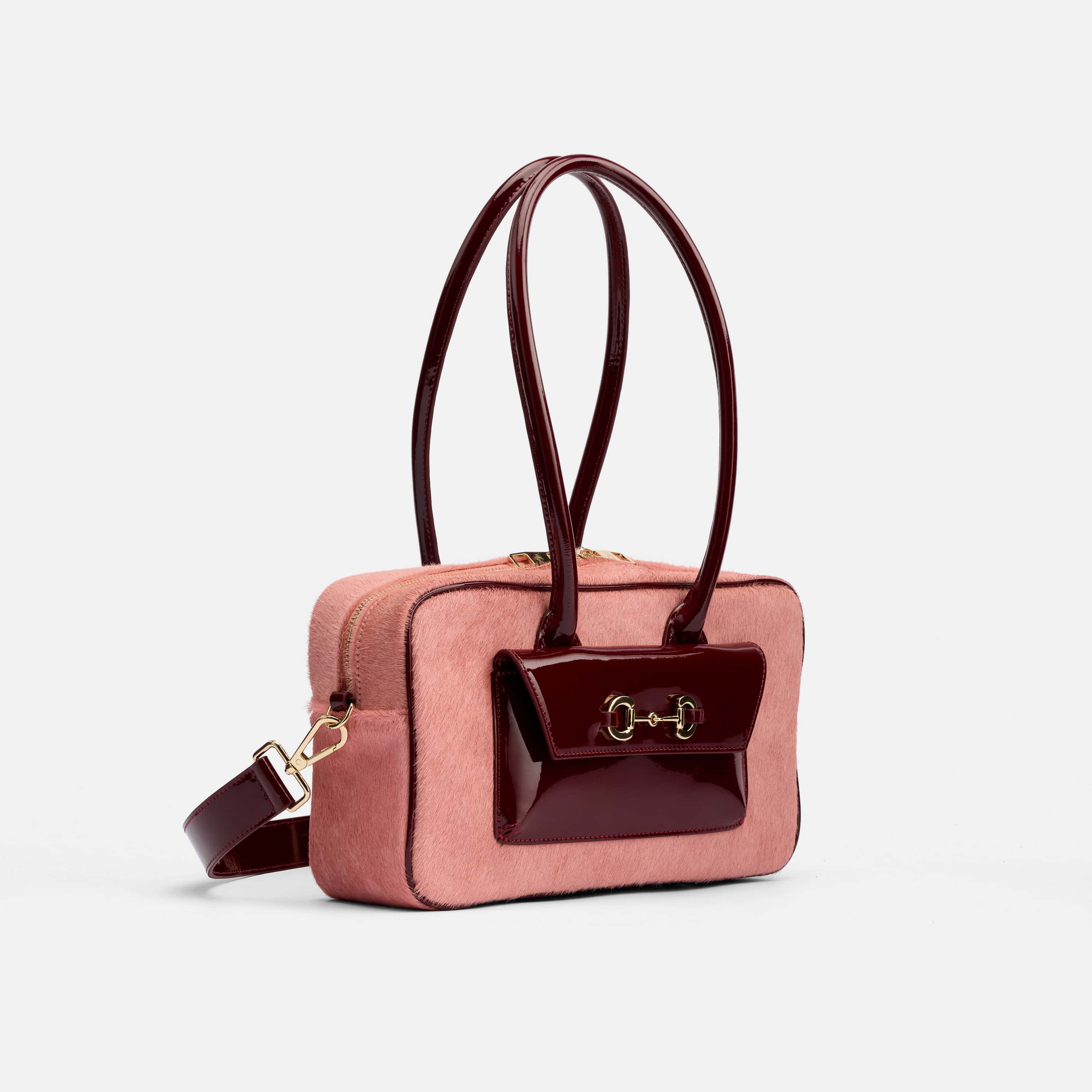 Serena Horsebit Shoulder Bag - Pink Haircalf & Burgundy Patent - Image 2